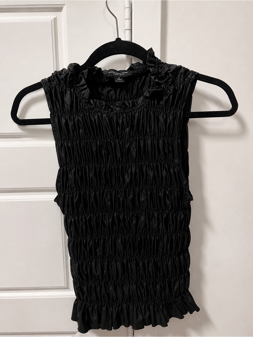 Marc New York Andrew Marc Black Smocked Ruffle Sleeveless Top Size M